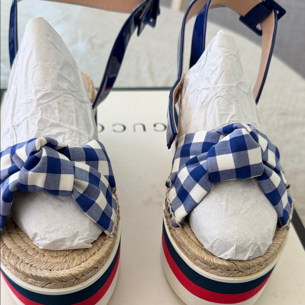 Gucci Blue and White Gingham Platform Espadrilles